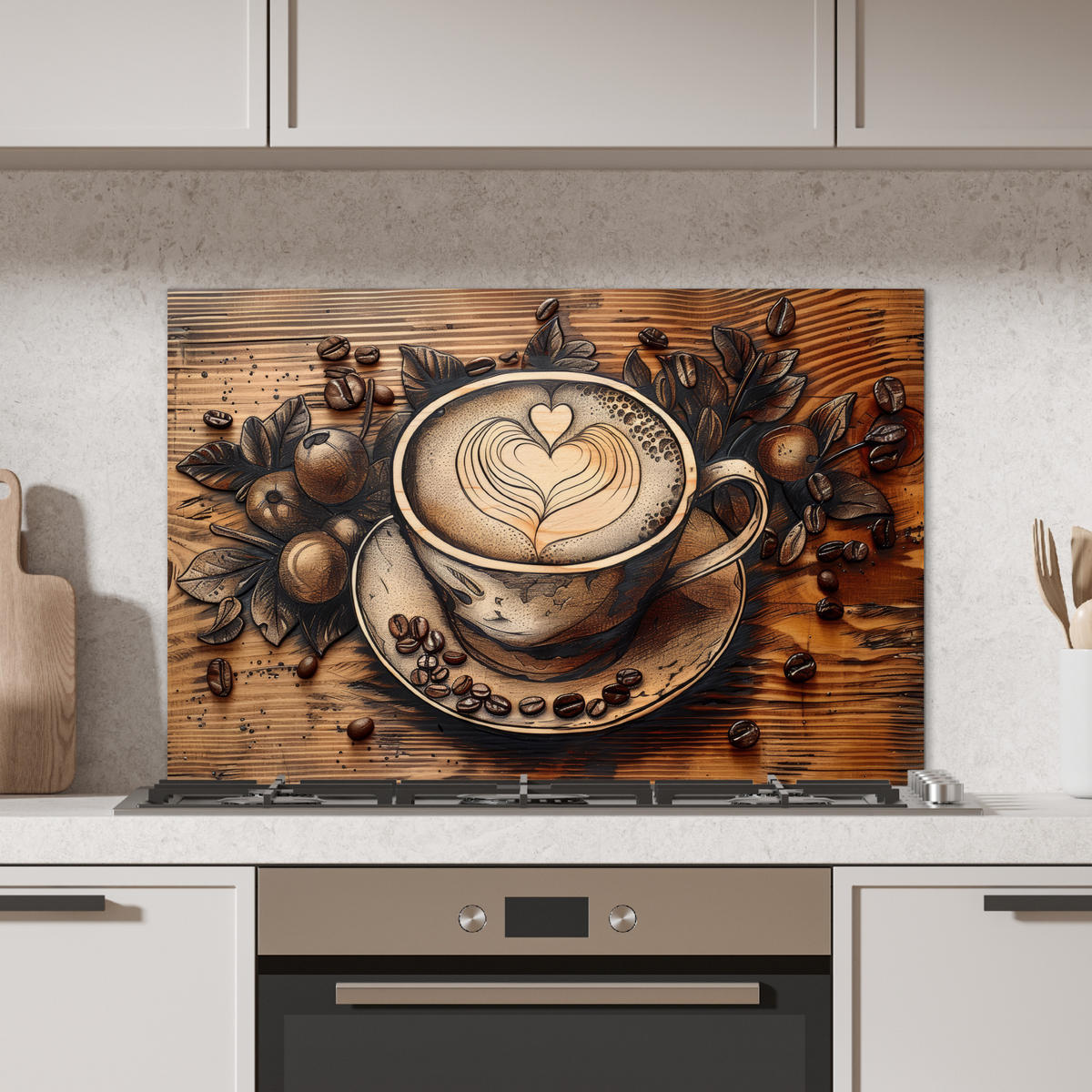 SPRITZSCHUTZ KÜCHE Kaffee - Vintage - Braun - Tasse - Holz 90x60 cm - Cappuccino, Metall (90/0.3/60cm) - MuchoWow