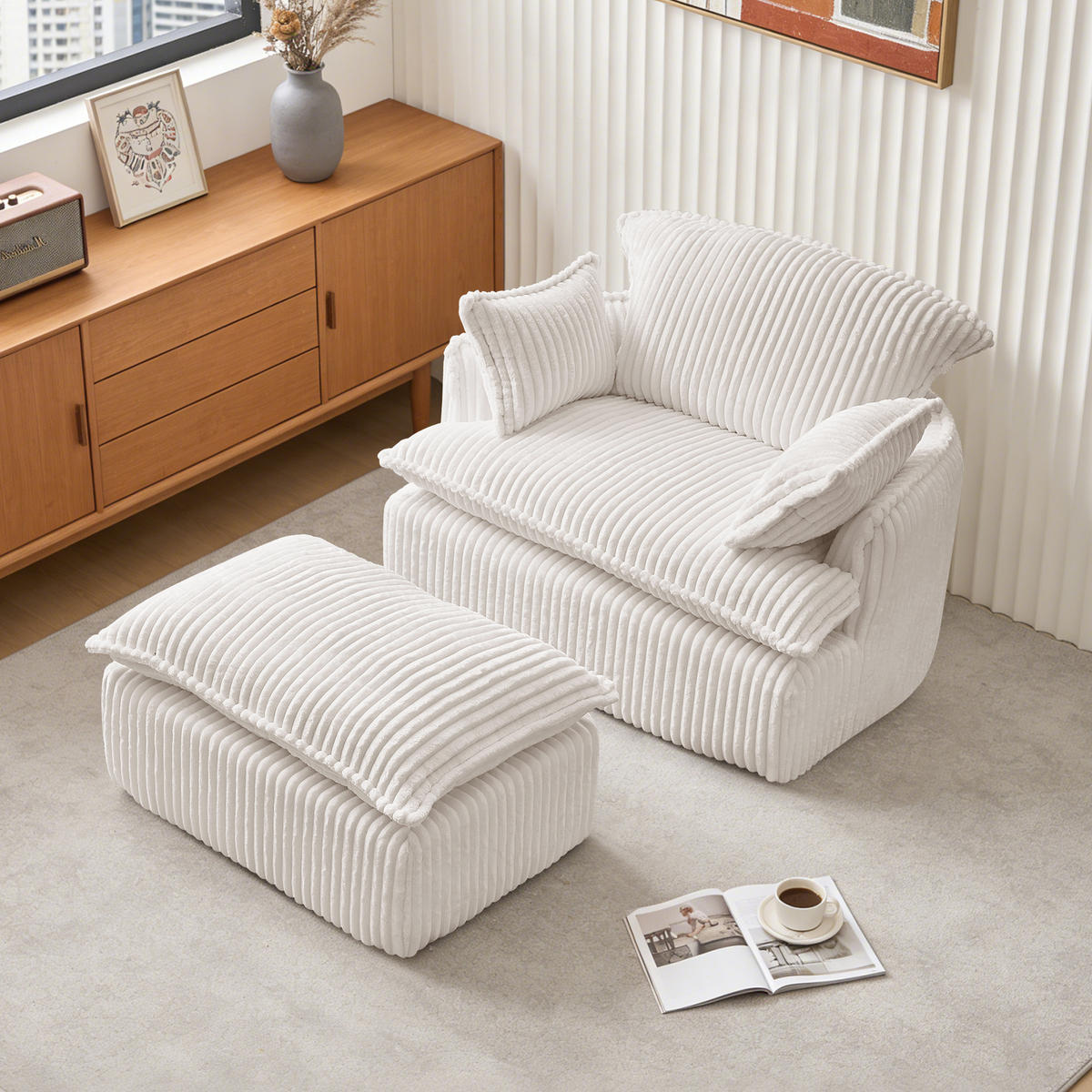SESSEL DE-35257 mit Hocker Beige - Beige, Textil (89/77/115cm) - ComfortXL