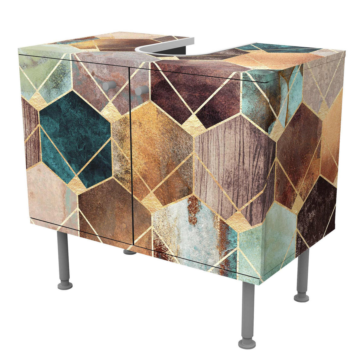WASCHBECKENUNTERSCHRANK Türkise Geometrie goldenes Art Deco 60/55/35 cm - Goldfarben, Holzwerkstoff (60/55/35cm) - Bilderwelten