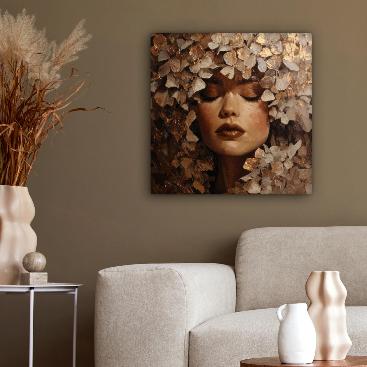 LEINWANDBILD Gesicht - Dame - Blätter - Pinselstriche Wandbild Wohnzimmer 50x50 cm - Goldfarben, Textil (50/50cm) - MuchoWow