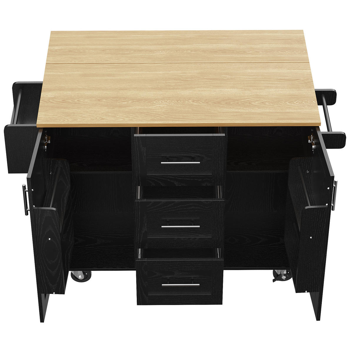 KÜCHENWAGEN 135x74x87.2cm Schwarz mit Klappseiten, 3 Schubladen, Snackregal & 5 Rollen - Schwarz, Holzwerkstoff (135/87.2/74cm) - Modfu