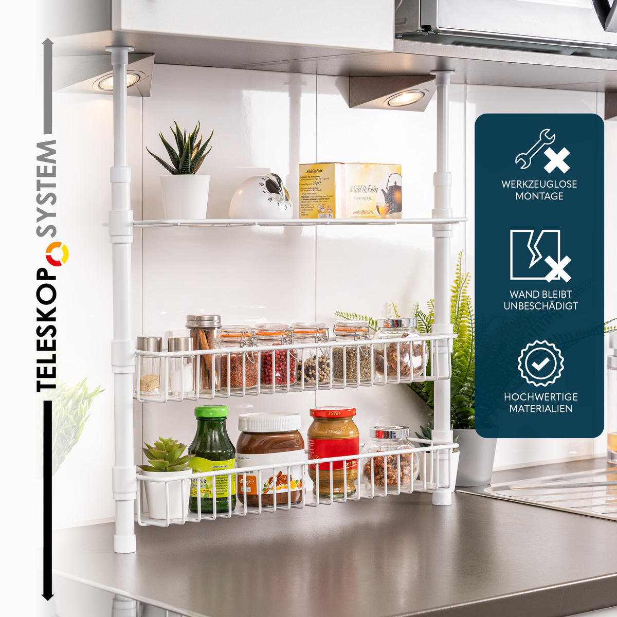 TELESKOP-GEWÜRZREGAL, weiß, Metall - Weiß, Metall (55/80/14cm) - bremermann