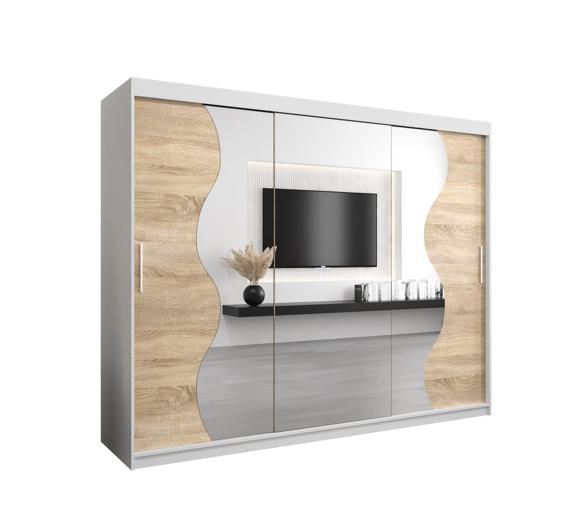 Möbel Kryspol Schwebetürenschrank Weiß, Sonoma Eiche 250x200x62 cm
