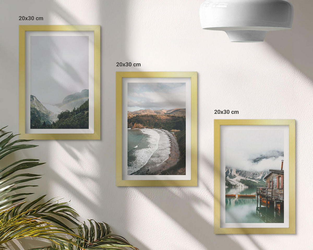 WANDBILDER 3er Set - 20x30 cm Goldrahmen - Berge, Strand, Wolken, Wasser - Goldfarben, Kunststoff (20/30cm) - ArtPrintCave