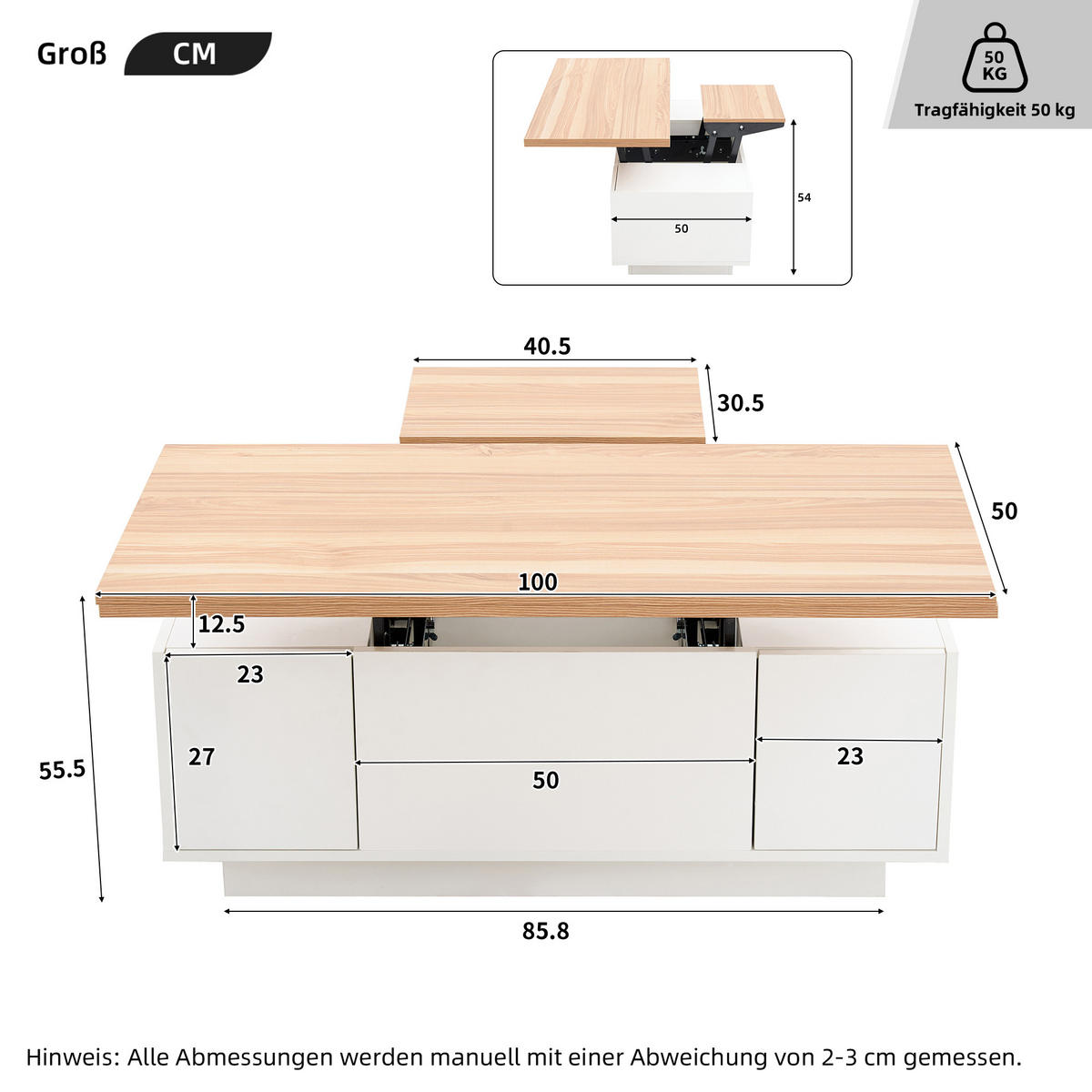 COUCHTISCH in Weiß+Naturfarben Couchtisch mit Doppel-Hebemechanismus, verstecktem Stauraum, B100/T50/H55,5 cm - Weiß, Holzwerkstoff (50/100/55.5cm) - STILVORA
