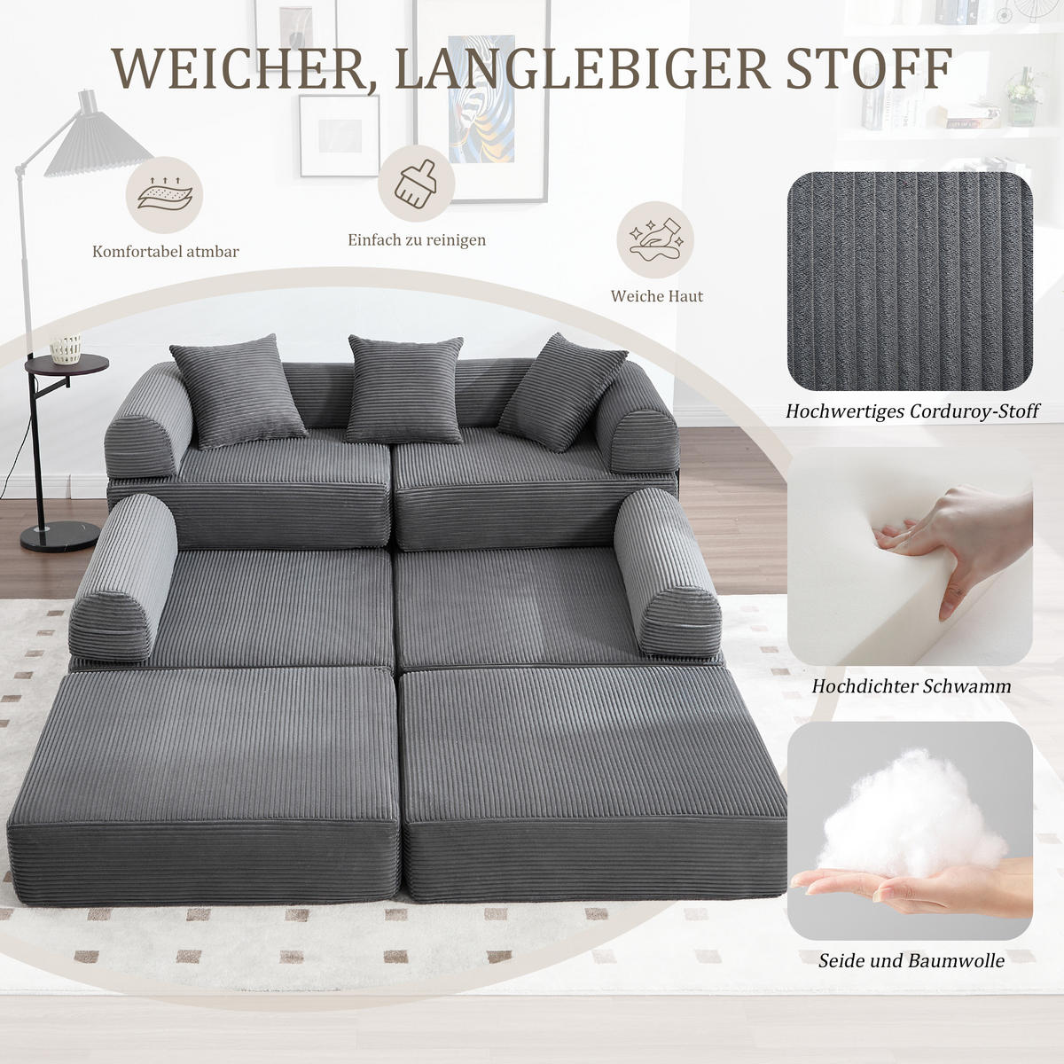 SCHLAFSOFA 270/180/64 cm Dunkelgrau mit Integrierte Seitentaschen - Dunkelgrau, Textil (270/64/180cm) - Oxeza