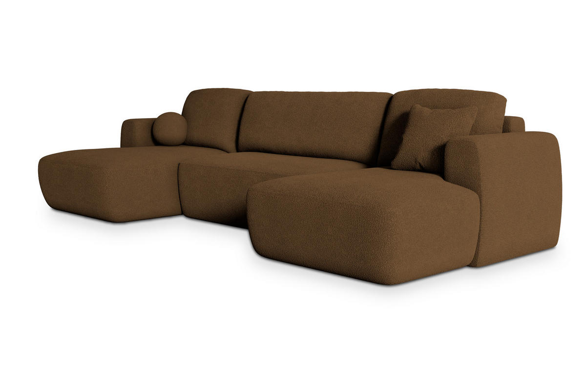 WOHNLANDSCHAFT SENTUM N Braun Boucle-Stoff mit Schlaffunktion - Braun, Holz (330/90/148cm) - MASSENO