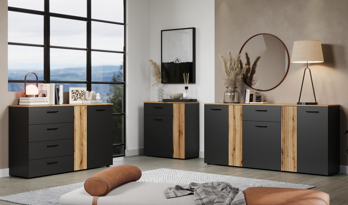 SIDEBOARD grau, Evoke Eiche 139 cm, Kommode mit viel Stauraum - Eichefarben/Anthrazit, Holzwerkstoff/Kunststoff (139/86/38cm) - Top.Furn