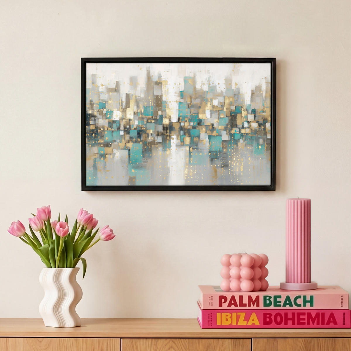 LEINWAND Bilder mit Rahmen - Abstrakt - Blöcke - Gold - Skyline - 30x20 - Beige, Textil (30/20cm) - MuchoWow