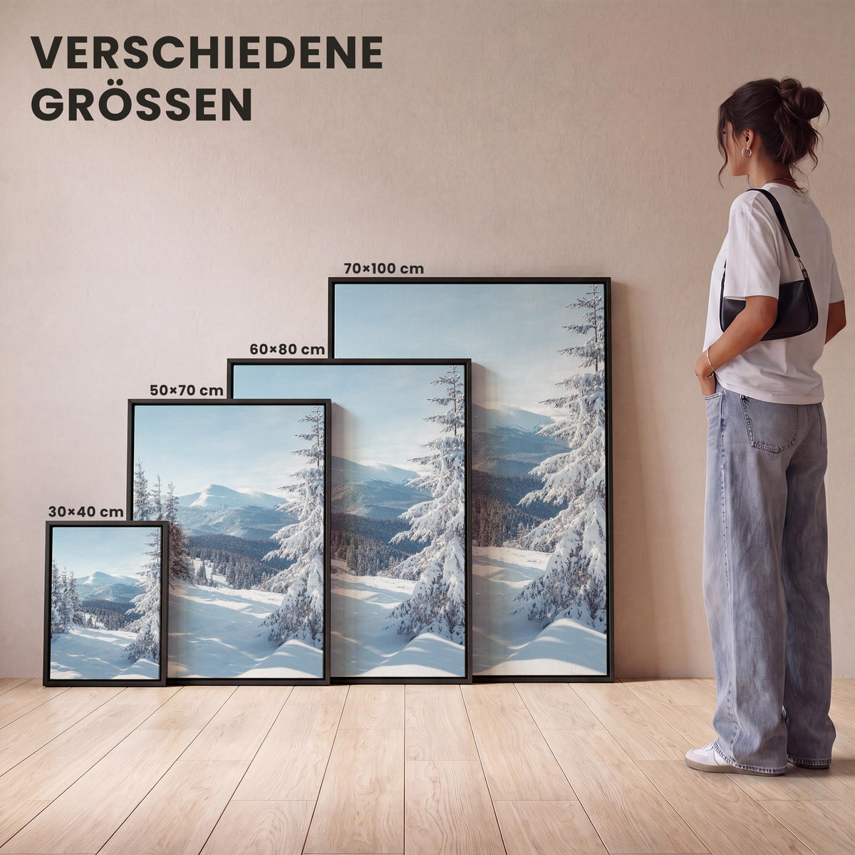 LEINWAND Bilder mit Rahmen - Winterlandschaft - Natur - Berge - Bäume - Schnee - 30x40 - Hellblau, Textil (30/40cm) - MuchoWow