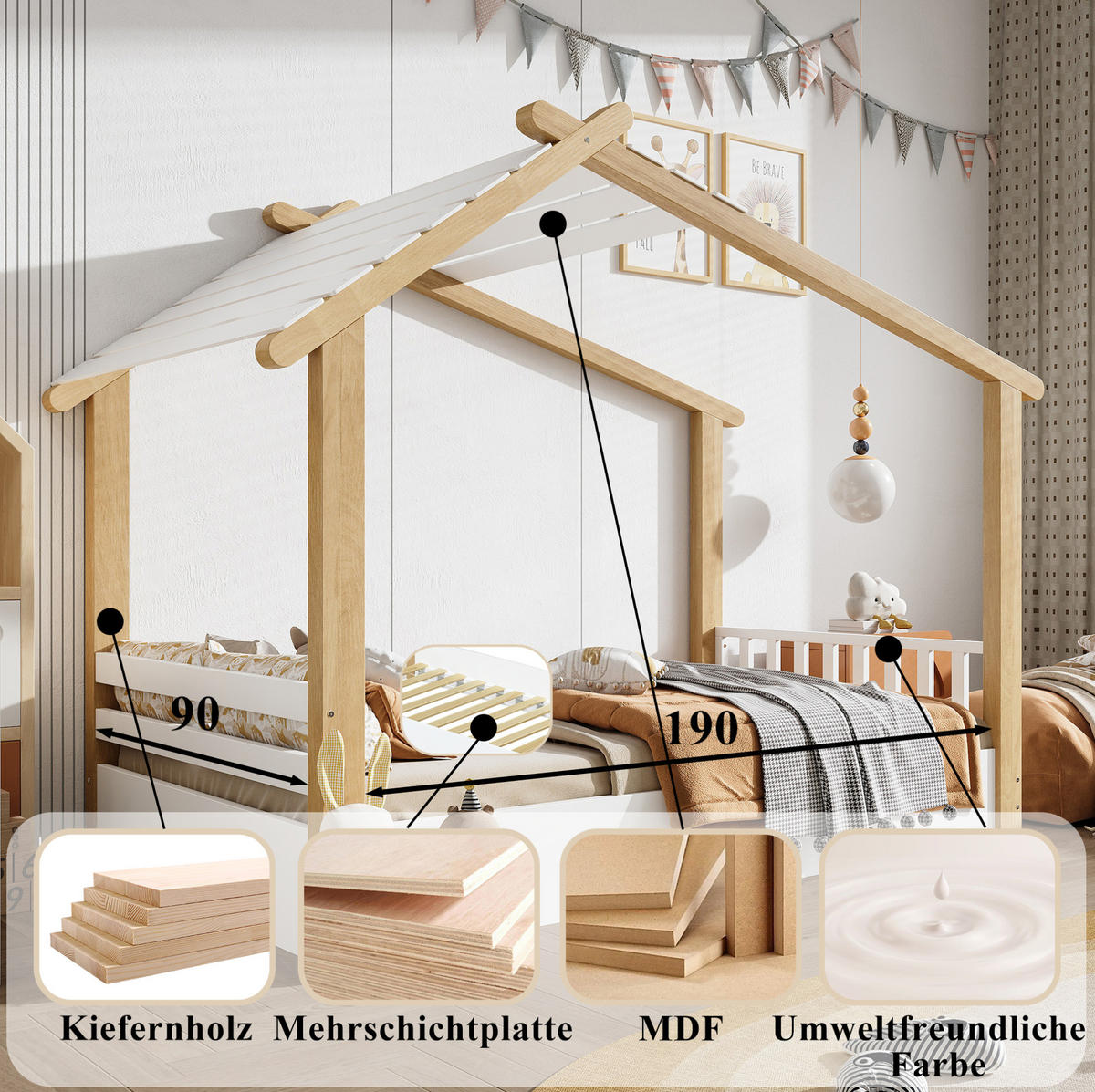 KINDERBETT 90/190 cm mit Hausdesign und stabilem Lattenrost aus Kiefer, MDF und Spanplatte, Weiß/Natur - Weiß, Holz (90/200cm) - Redom