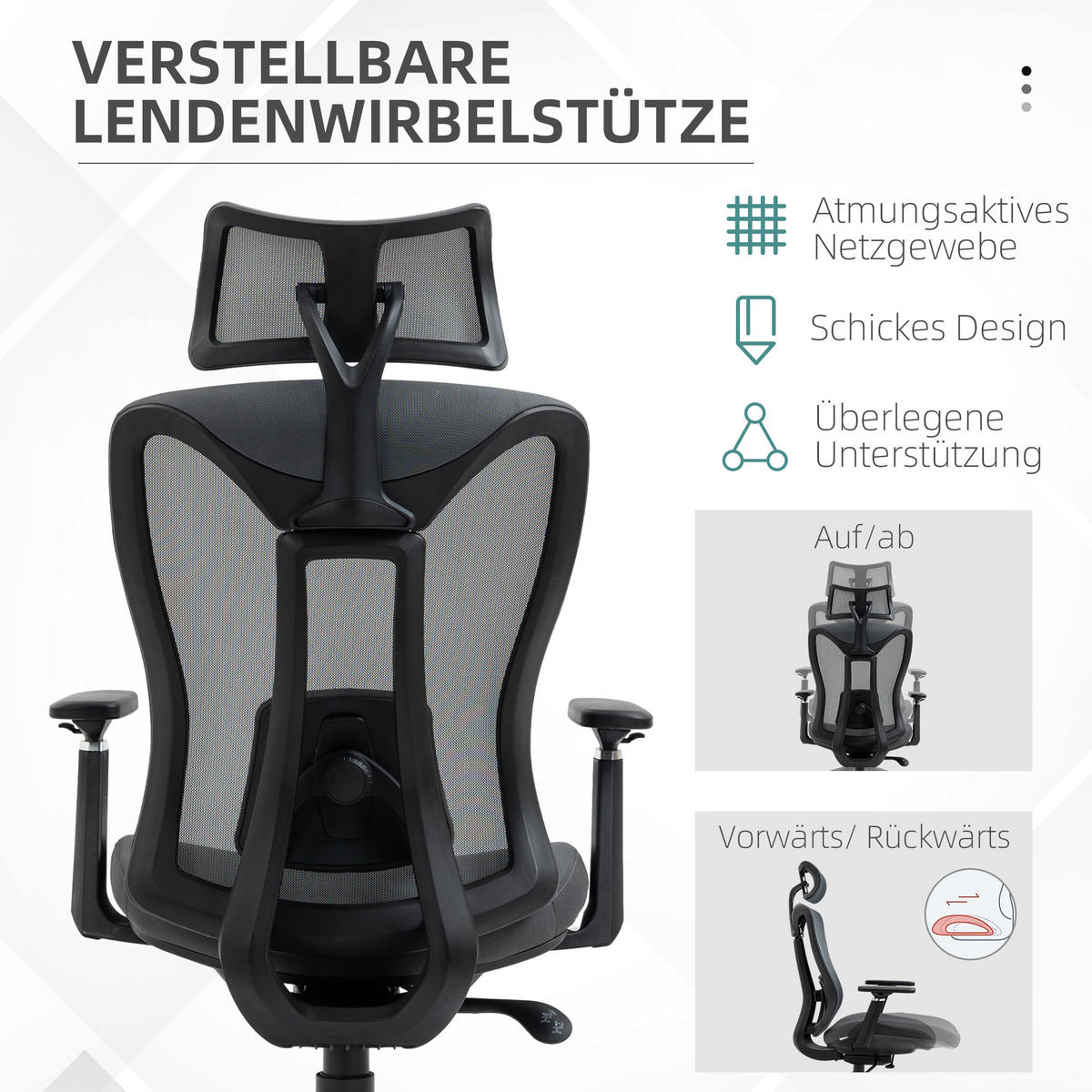 BÜROSTUHL, Ergonomischer Schreibtischstuhl, Computerstuhl mit Liegefunktion - Grau, Kunststoff (66/128/70cm) - Vinsetto