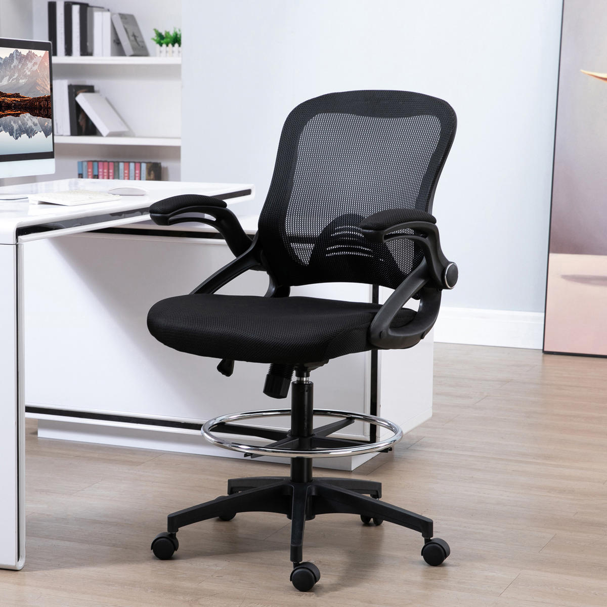 MESH Zeichenstuhl Ergonomischer Bürostuhl mit Rollen drehbar Schwarz - Schwarz, Textil (60/126/64cm) - Vinsetto