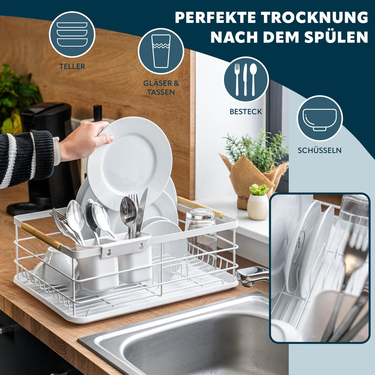 ABTROPFGESTELL mit Besteckfach und Wanne - Weiß, Metall (43/15.5/32cm) - eluno