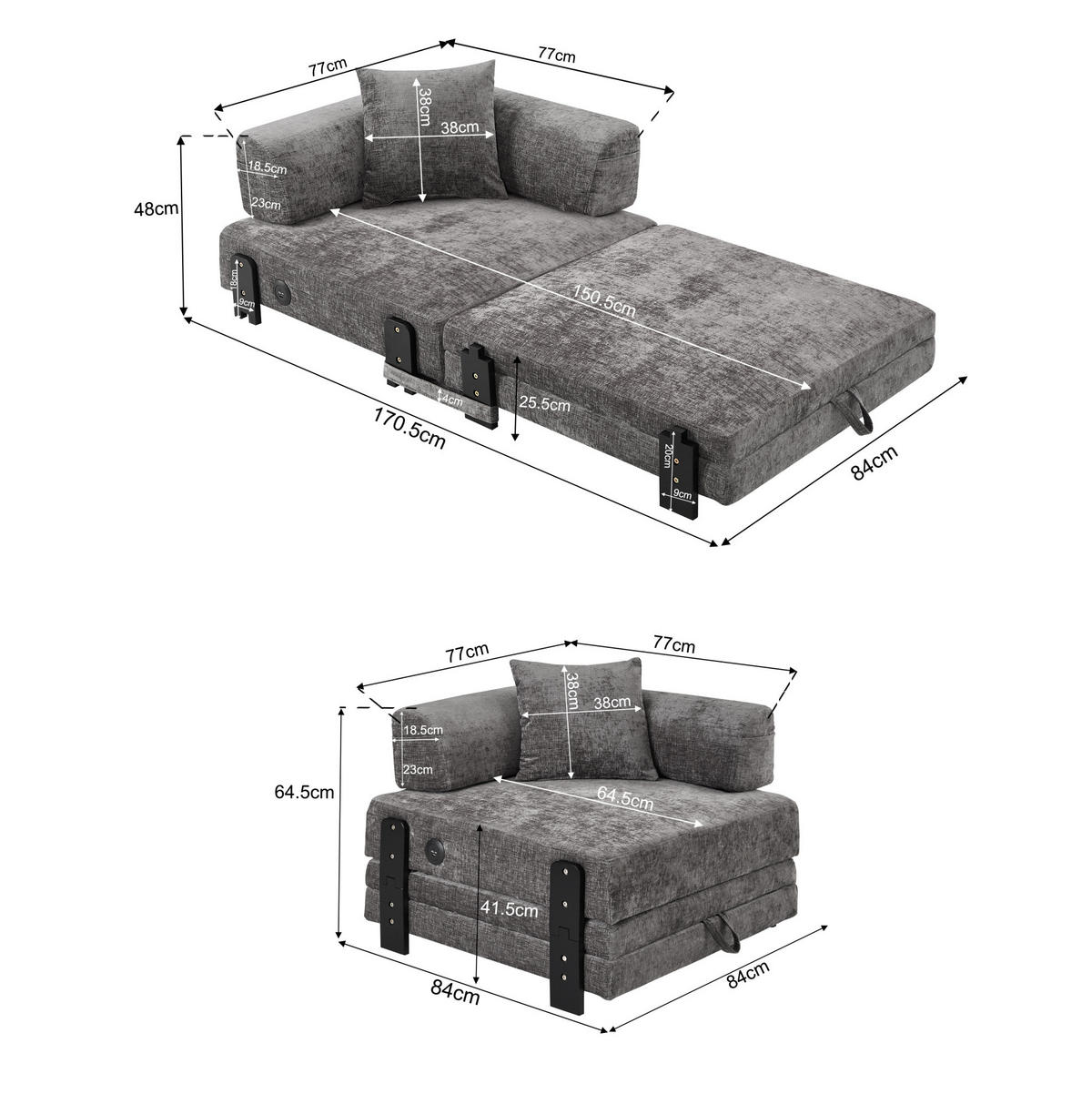 SCHLAFSOFA 2-in-1 mit USB- und Type-C-Anschluss, Stauraum und Seitentaschen, Dunkelgrau - Dunkelgrau, Textil (84/48/170.5cm) - Redom