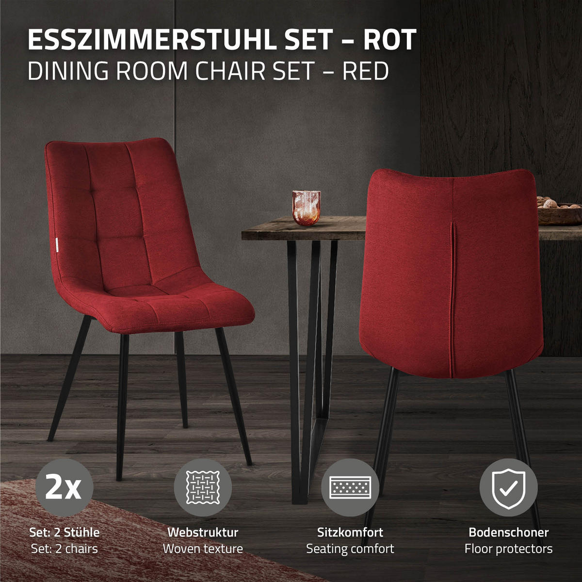 ESSZIMMERSTÜHLE 2ER-SET Rot Stoffbezug - Rot/Schwarz, Textil/Metall (49/89/60.5cm) - ML-DESIGN