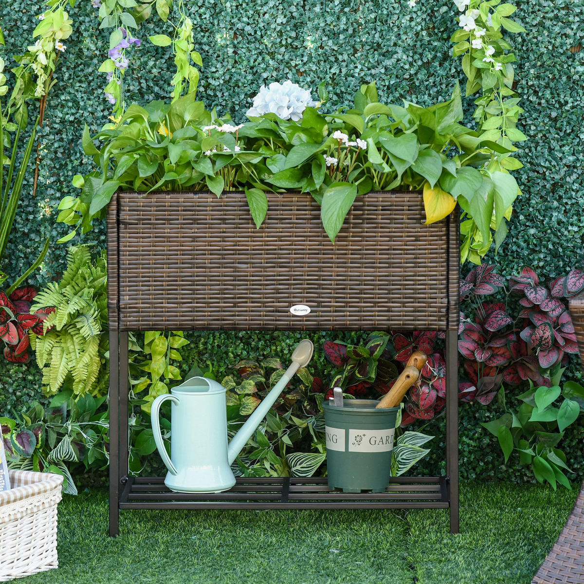 POLY Rattan Hochbeet mit Füßen Rattan Ablage Braun 70 x 30 x 70 cm - Braun, Metall (30/70/70cm) - Outsunny
