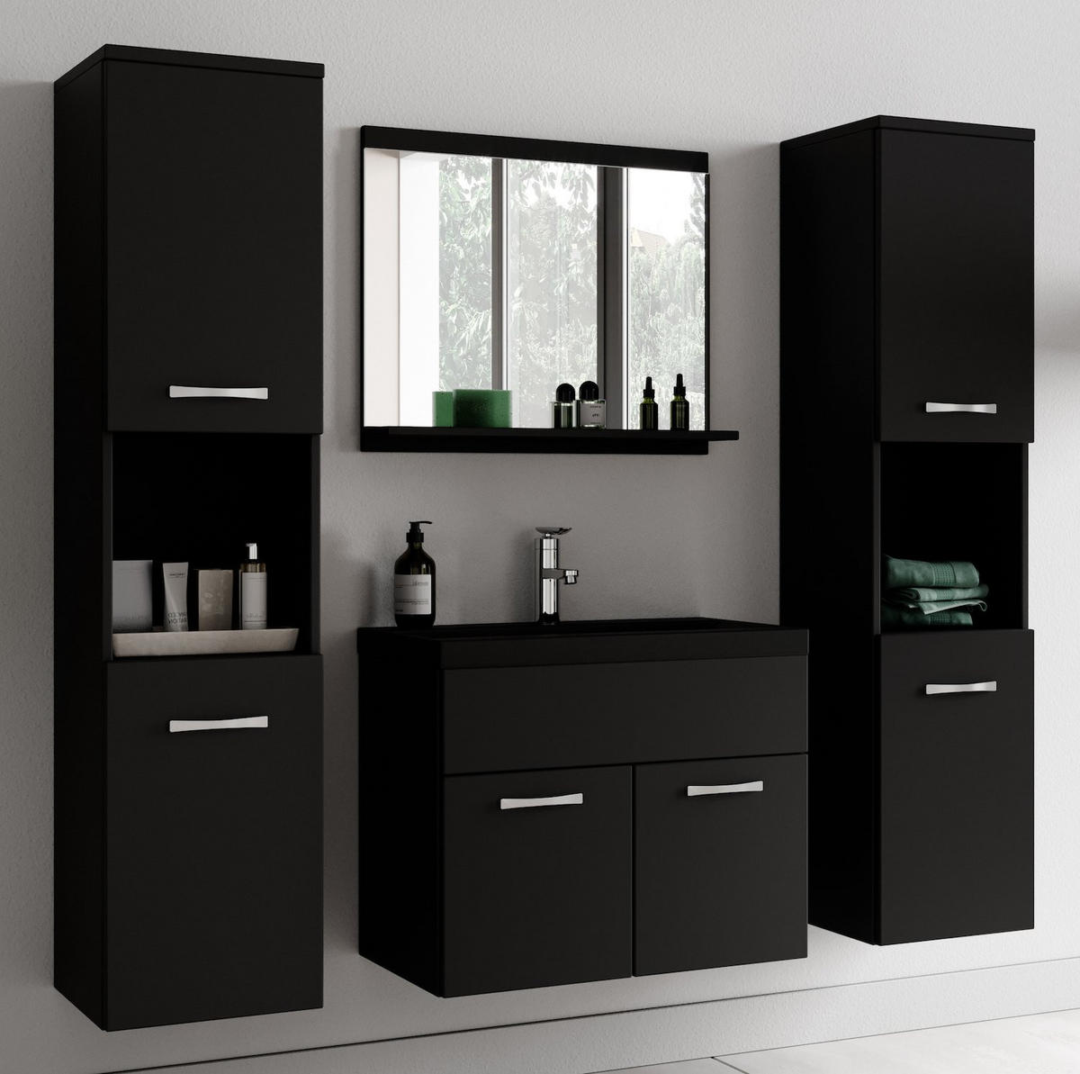 BADMÖBEL-SET Montreal 5 Teile Schwarz Matt - Schwarzes Waschbecken - 60 x 35 x 51 cm - Chromfarben/Schwarz, Holz/Metall (60/51/35cm) - Badplaats