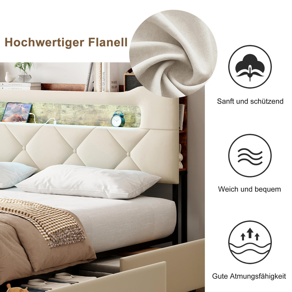 POLSTERBETT 140x200 cm Beige Stoff LED USB 4 Schubladen - Beige, Holz (140/200cm) - SHOPENTRA