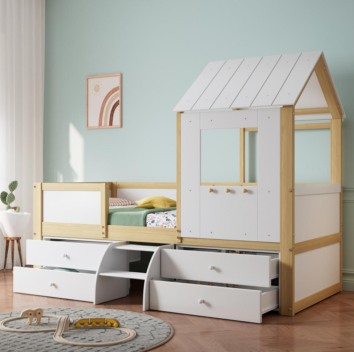 HAUSBETT 90/200 cm halbhoch mit 4 Schubladen und Treppe in Weiß/Natur - Weiß, Holzwerkstoff (90/200cm) - Flora Grace