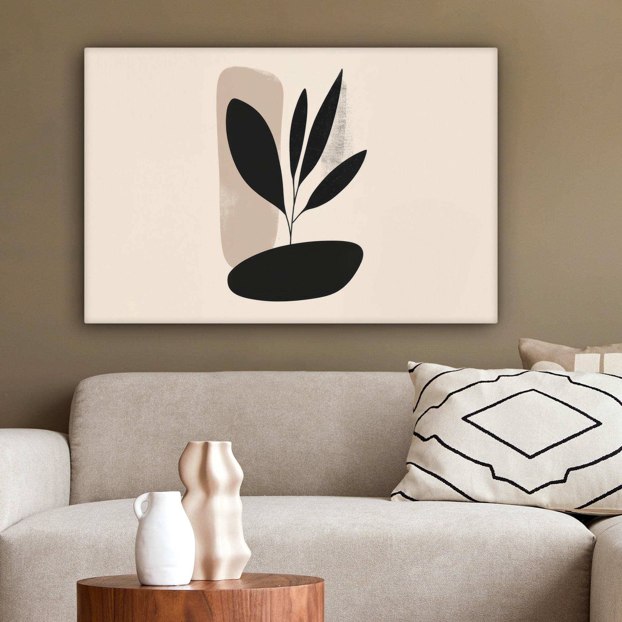 LEINWANDBILD Pflanze - Beige - Japanisch Gemälde 60x40 cm - Schwarz, Textil (60/40cm) - MuchoWow