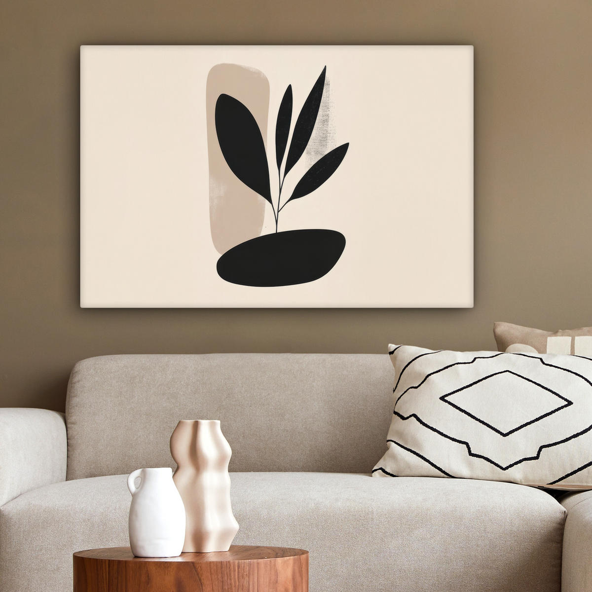 LEINWANDBILD Pflanze - Beige - Japanisch Gemälde 60x40 cm - Schwarz, Textil (60/40cm) - MuchoWow