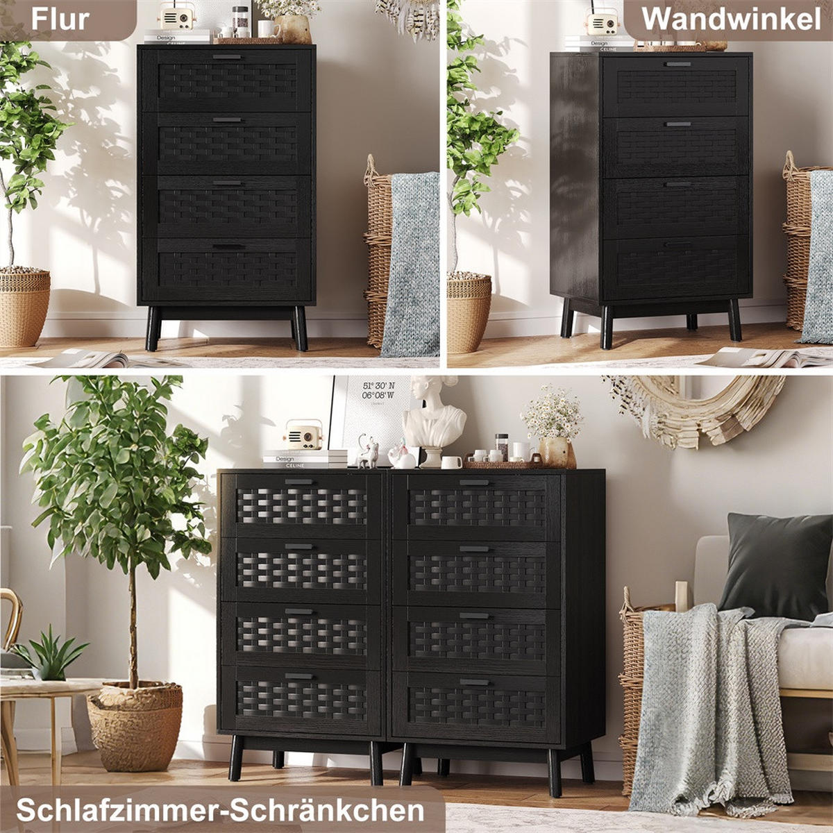KOMMODE mit 4 Schubladen - pflegeleichtes PVC-Geflecht und zylindrische Beine - Schwarz - Schwarz, Holzwerkstoff (39.8/95/55cm) - DELFA