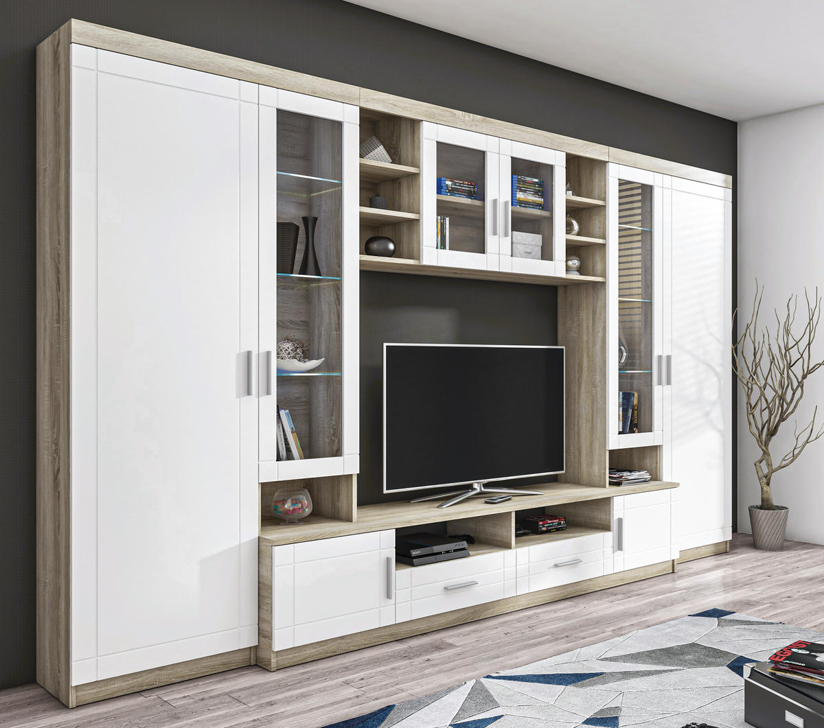 WOHNWAND Parisca Sonoma Eiche, Weiß 340/198/44 cm mit viel Stauraum - Beige/Weiß, Holzwerkstoff/Kunststoff (340/198/44cm) - AX Living