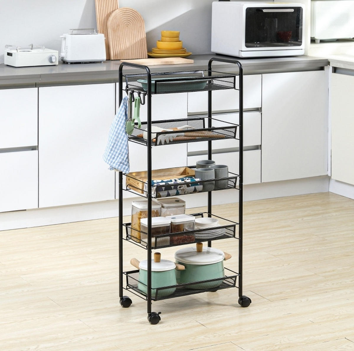 SERVIERWAGEN 45/26,5/106 cm mit 5 Ebenen und Rollen in Schwarz - Schwarz, Metall (45/106/26.5cm) - BEAOK