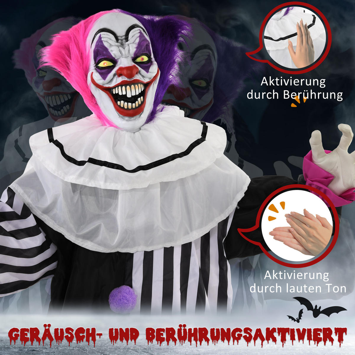 HALLOWEEN-DEKORATION Grusel-Clown 173 cm mit LED-Lichter, Soundfunktion - Multicolor, Textil (18/173/60cm) - HOMCOM