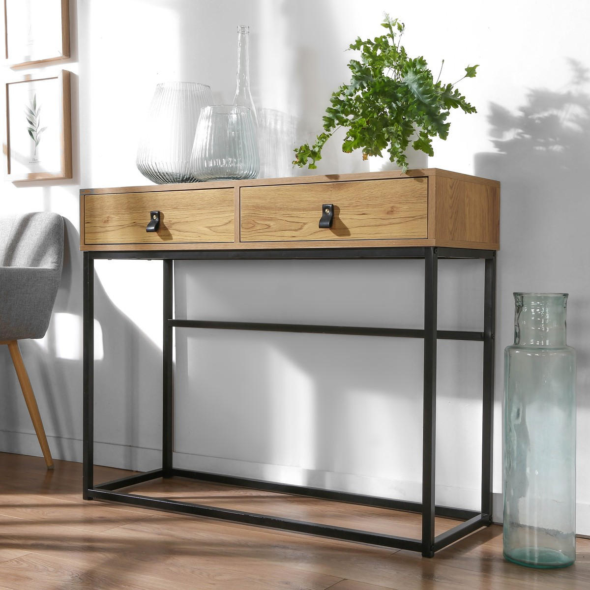 KONSOLE in Eichenoptik mit 2 Schubladen und Metallfüßen L100 cm - JILL - Apfelbaumfarben, Holzwerkstoff (100.3/35.3/80.5cm) - Calicosy