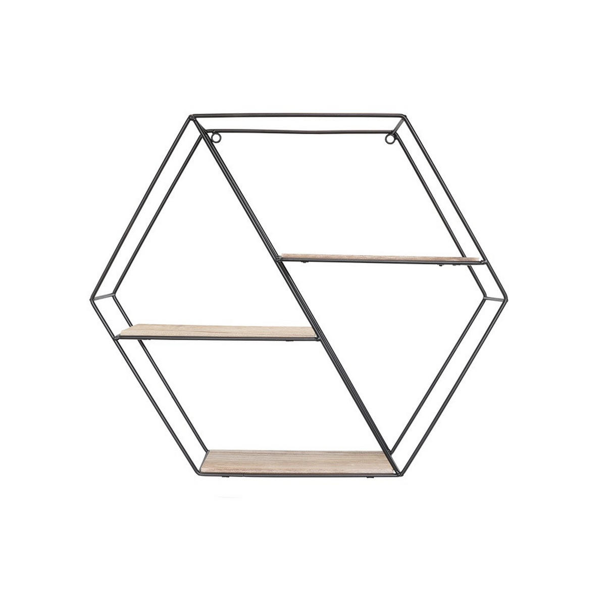 WANDREGAL Schwarzes Metall mit 3 Holzböden - Hexagon diagonal - Schwarz, Metall (55/55/48cm) - IVOL