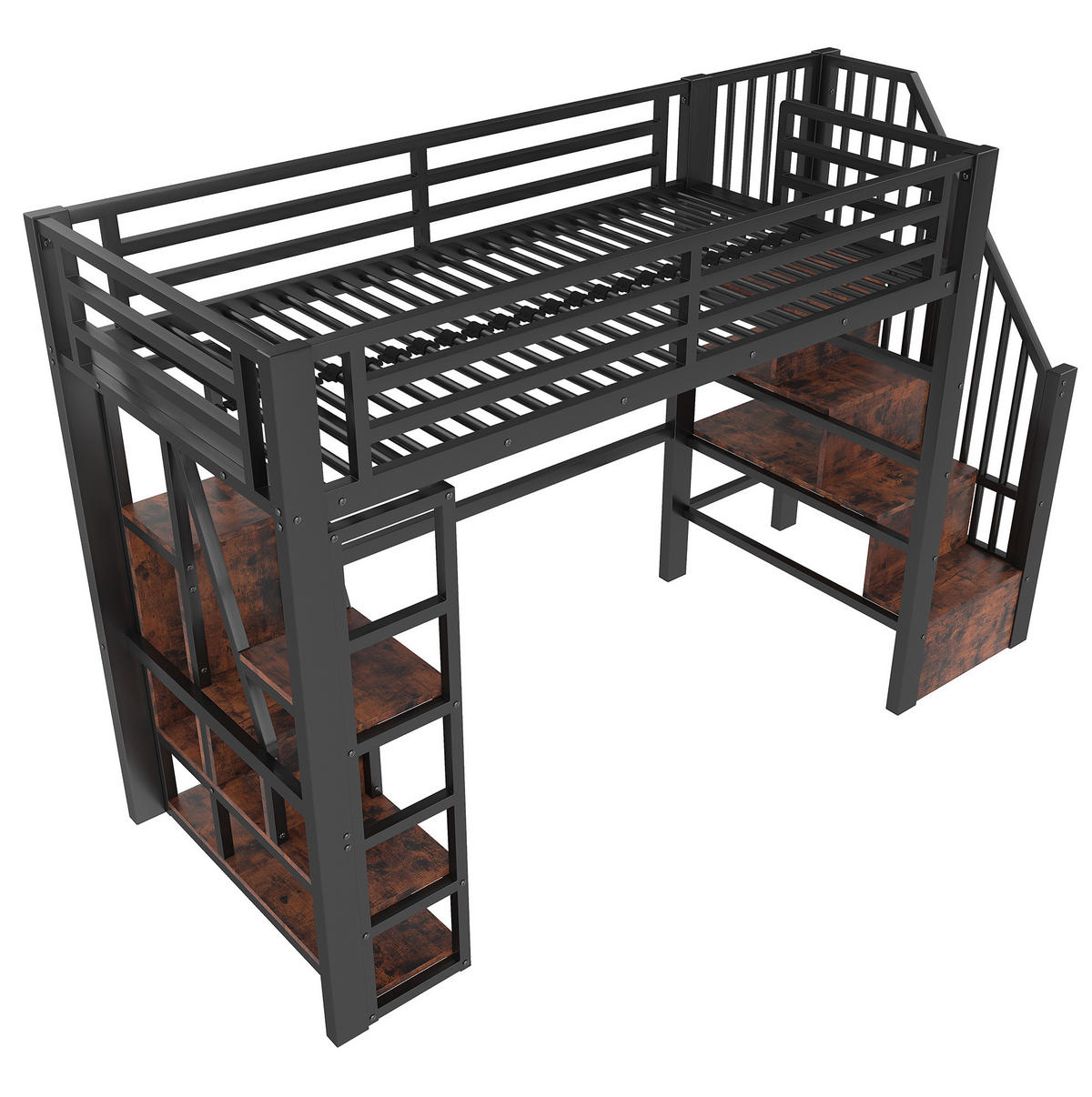 HOCHBETT 90/200 cm aus Metall und MDF mit LED-Lichtleiste, Stauraumstufen und Schutzgeländer, Schwarz - Schwarz, Holzwerkstoff (90/200cm) - Redom