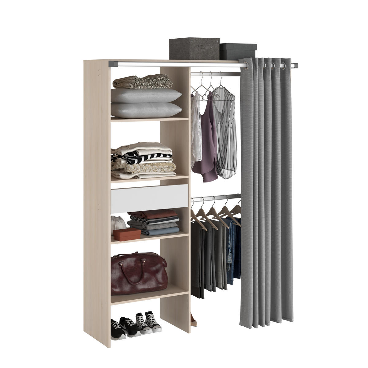 KLEIDERSCHRANK Bari 2 in Akazie 143 × 182 × 48 cm (B×H×T) von Parisot mit grauem Vorhang - Braun, Holzwerkstoff (143/182/48cm)