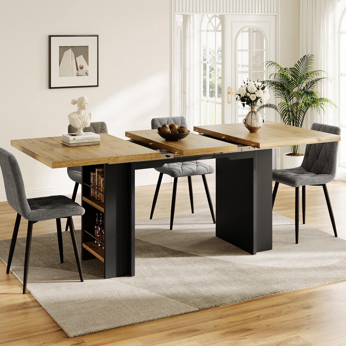 ESSTISCH in Naturfarbe und Schwarz ausziehbarer Esszimmertisch mit Regalen für Küche und Esszimmer, L120-160/B80/H75 cm - Schwarz/Naturfarben, Holzwerkstoff/Metall (80/160/75cm) - STILVORA