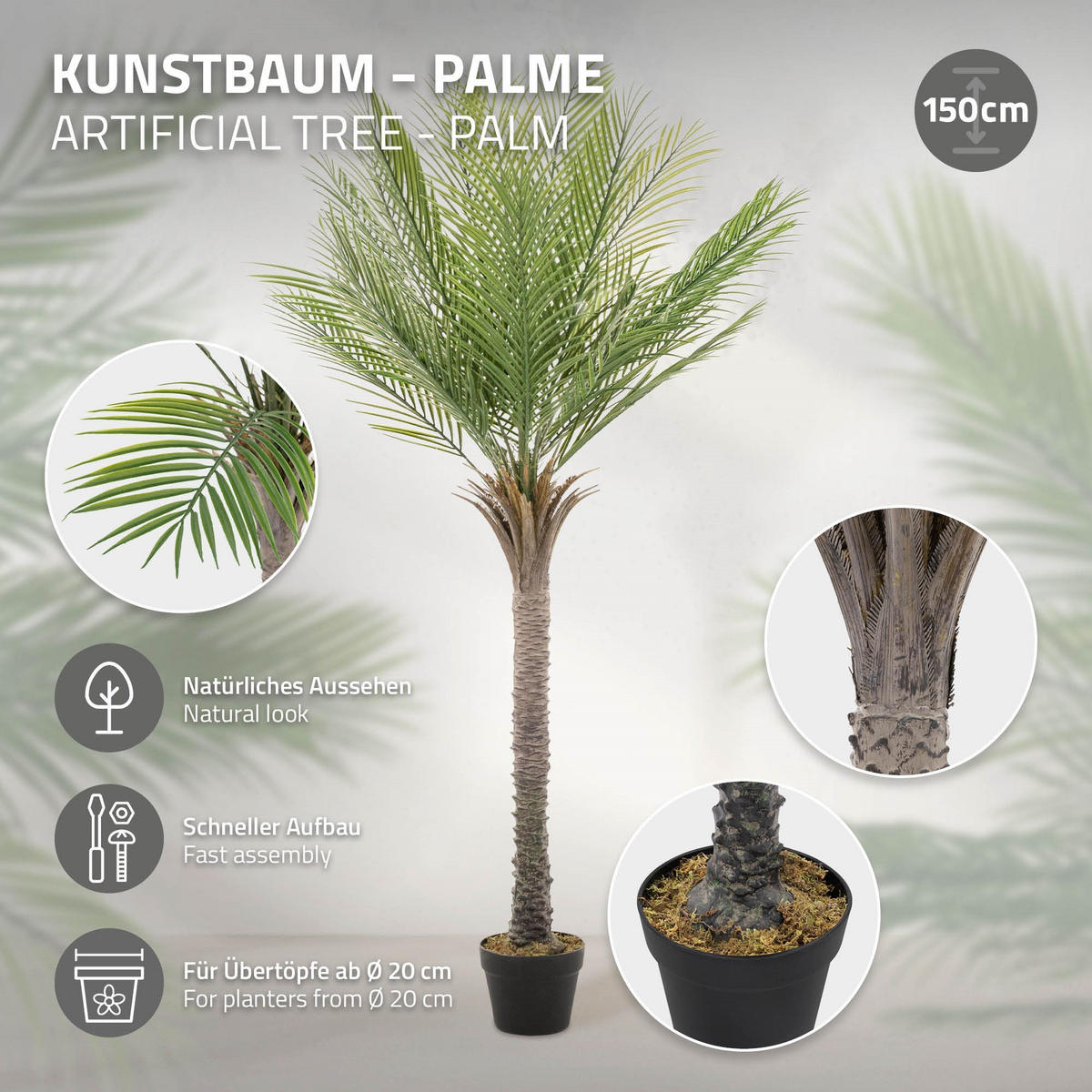 KUNSTPFLANZE Palme - Anthrazit/Grün, Holz/Kunststoff (150cm) - ML-DESIGN