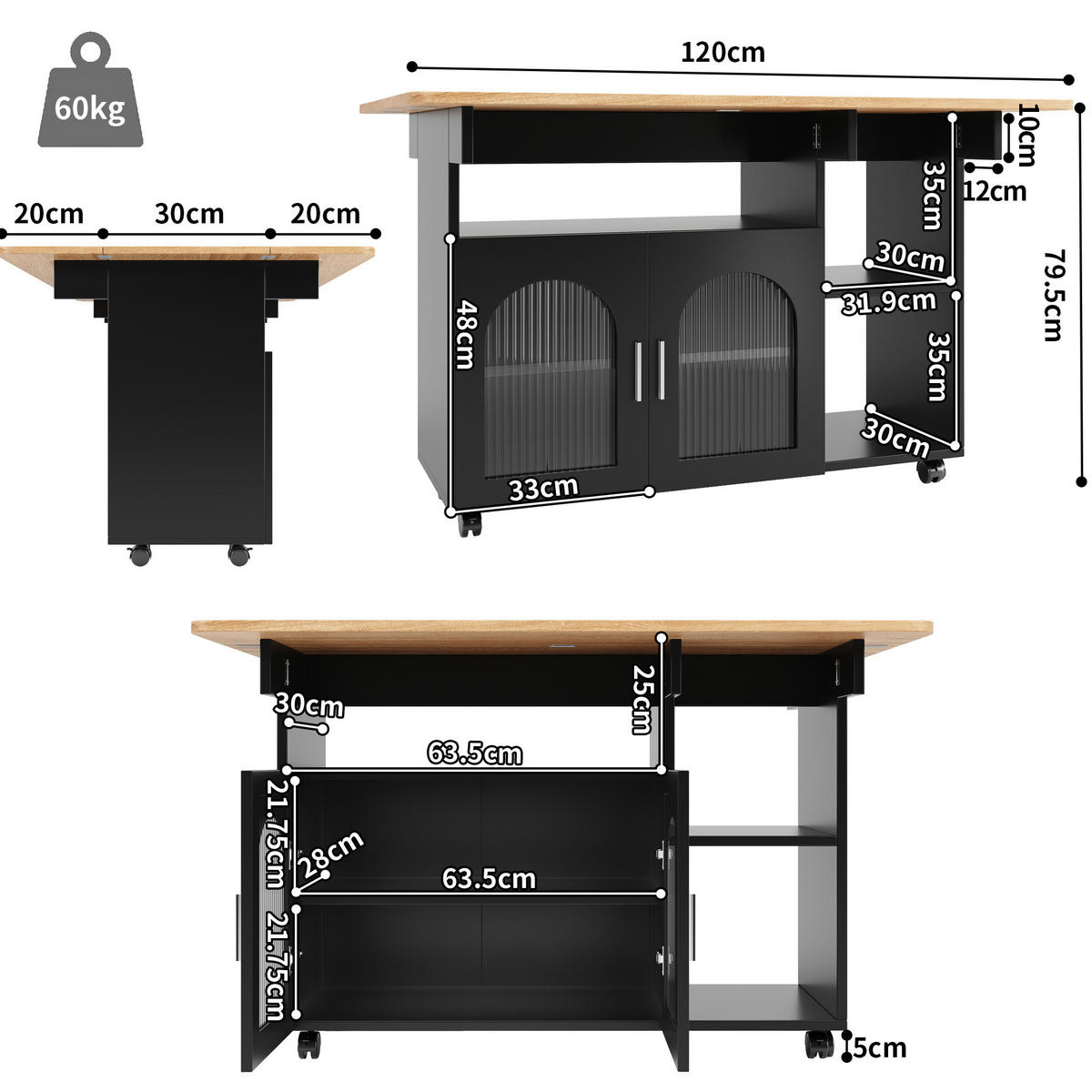 KÜCHENINSEL klappbar 120 x 70 cm Schwarz - Schwarz, Holz (30/79.5/120cm) - Beauniv