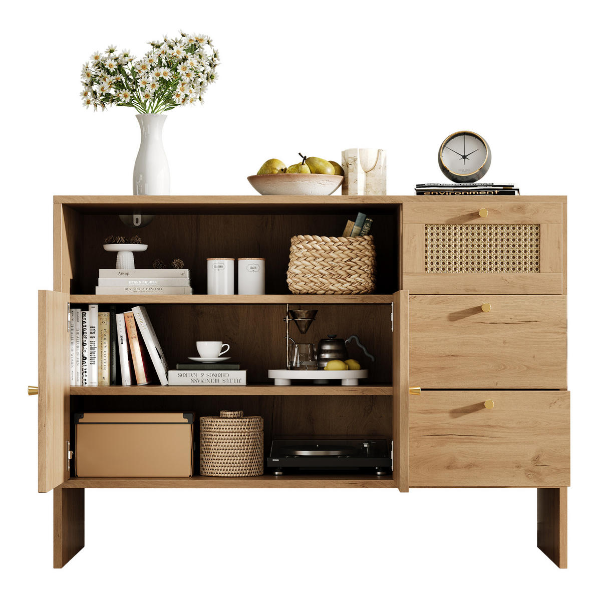 SIDEBOARD 105/40/76 cm mit 2 Türen, 3 Schubladen und offenem Fach in Rattan-Optik aus Spanplatte, Natur - Naturfarben, Holzwerkstoff (105/76/40cm) - Redom