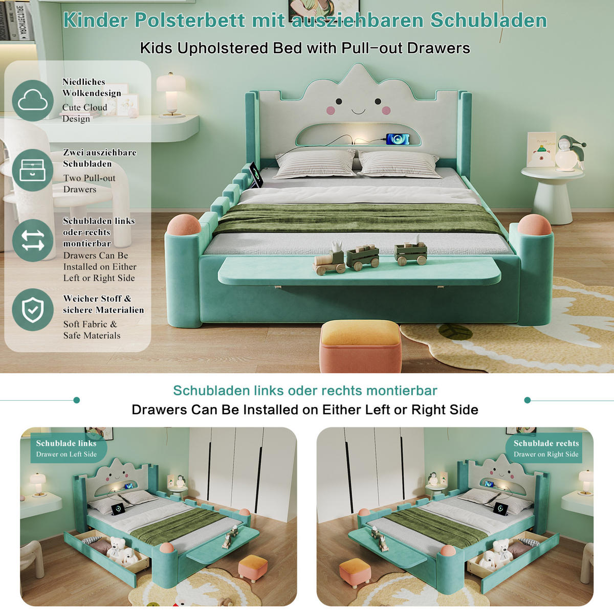 KINDERPOLSTERBETT 140x200 cm in Blaugrün mit Leselampe, USB-Anschluss und Schublade - Blau, Textil (140/200cm) - IVMEU