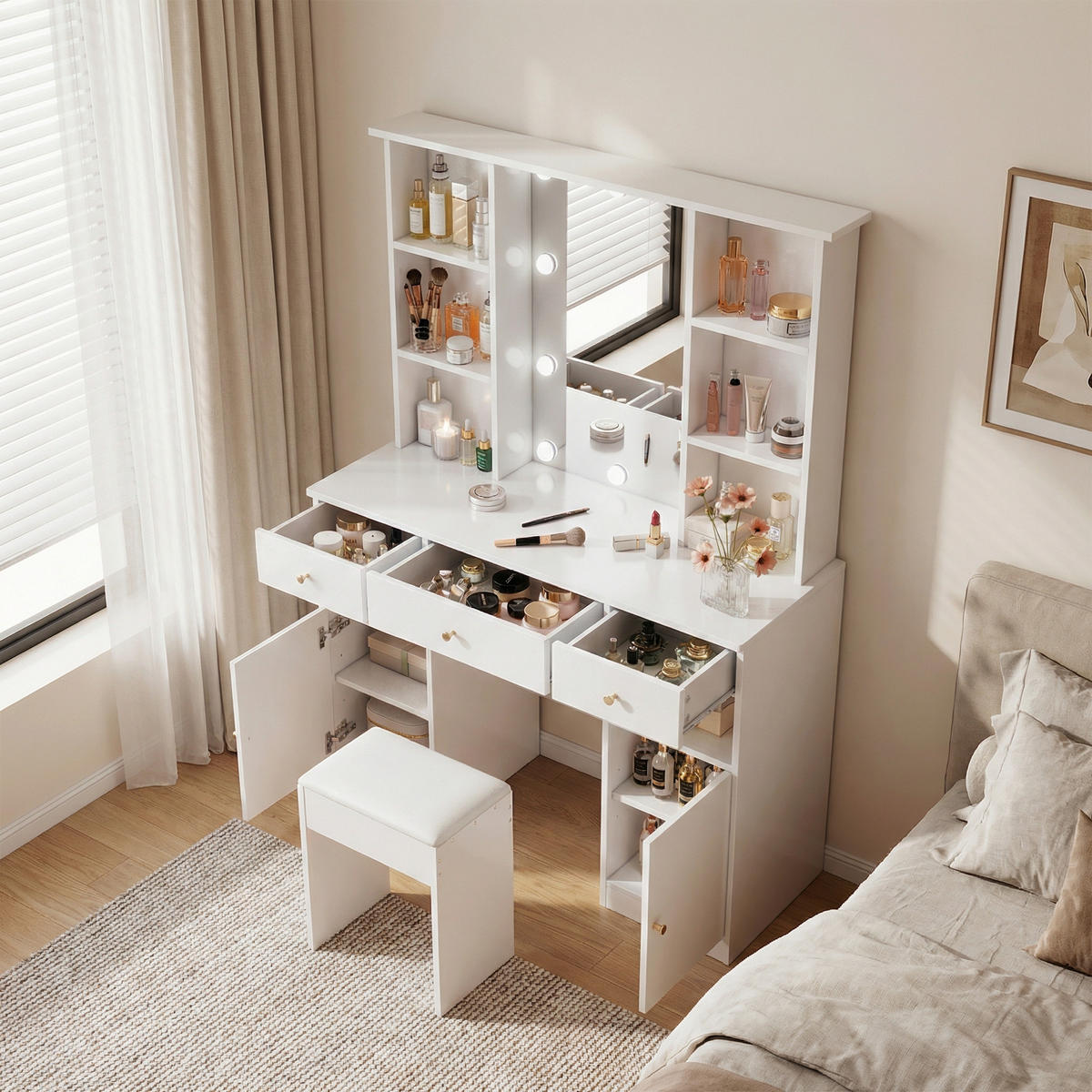 SCHMINKTISCH in Weiß mit Hollywood-LED & Spiegel - Weiß, Holzwerkstoff (110/151/40cm) - Urban Meuble