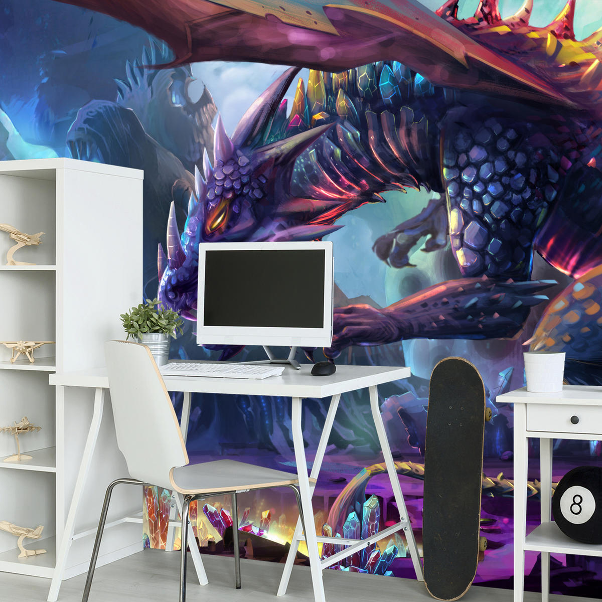 FOTOTAPETE für Jugendzimmer Fantastischer Drache Magische Welt Fantasy 450x315 - Türkis/Violett, Papier (450/315cm) - Muralo