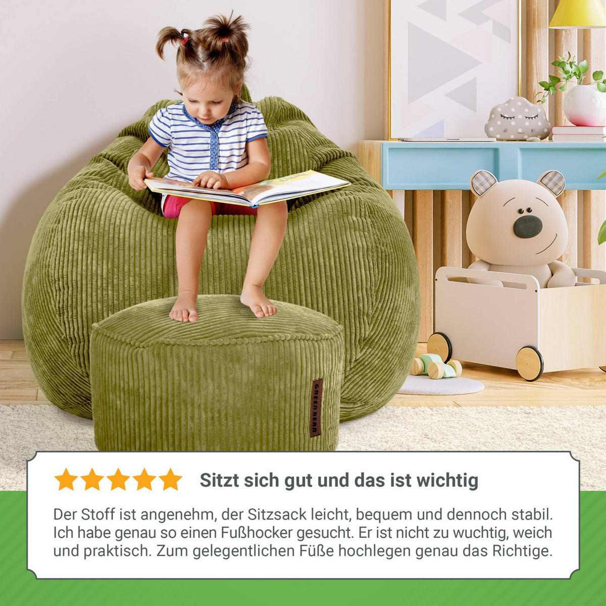 XXL-SITZSACK 2er Set + Pouf - Cordstoff - Grün, Textil (90/110/90cm) - Green Bean