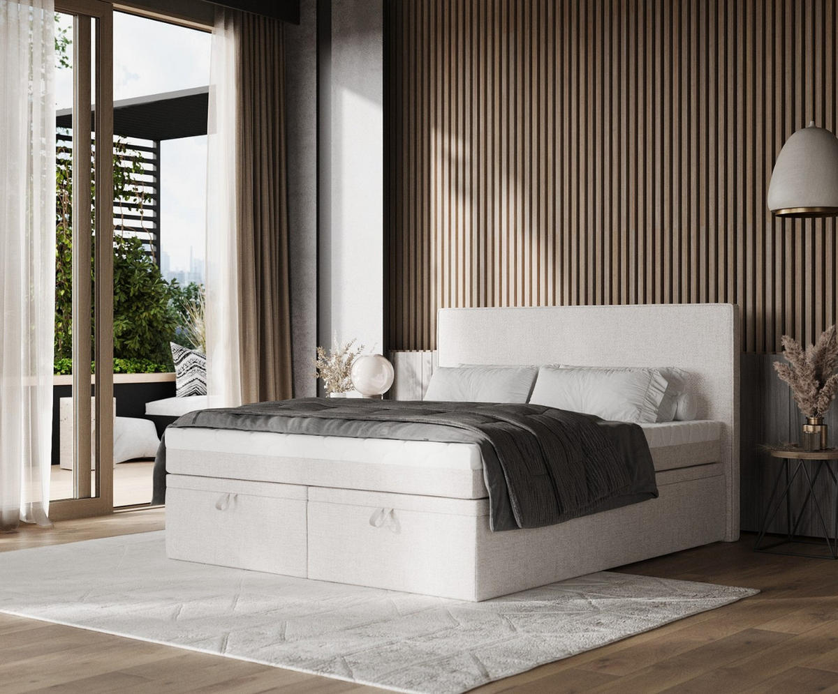 BOXBETT Zalla 180/200 cm Hellbeige im Neve Stoff - Sandfarben/Schwarz, Holz/Holzwerkstoff (180/200cm) - AltaBeds