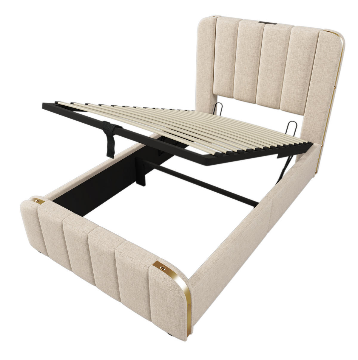 POLSTERBETT 90/200 cm mit USB-/Typ-C-Anschluss, hydraulischem Bettkasten und Matratze, Beige - Beige, Textil (90/200cm) - Redom