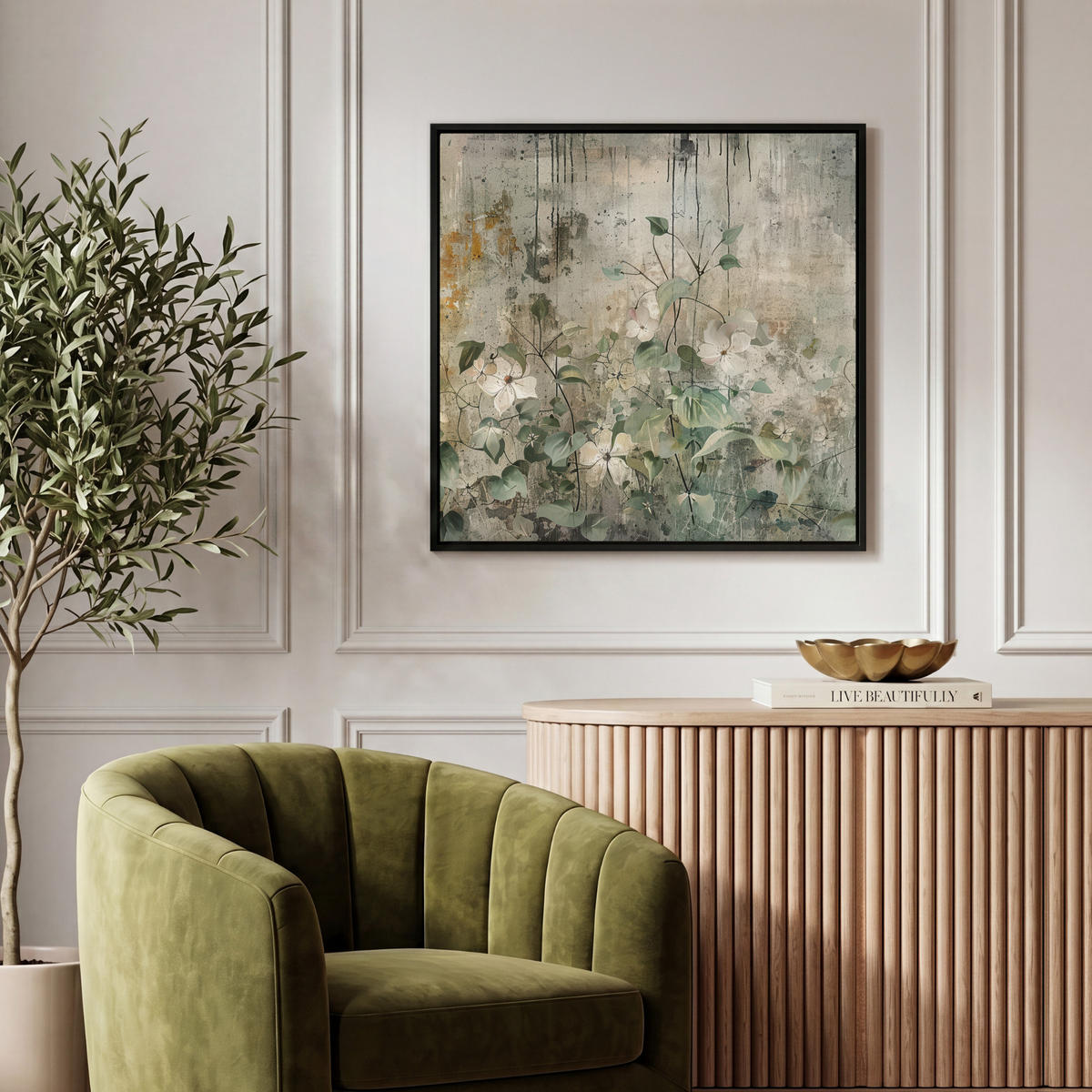 LEINWAND Bilder mit Rahmen - Blumen - Blätter - Abstrakt - Modern - 50x50 - Grau, Textil (50/50cm) - MuchoWow
