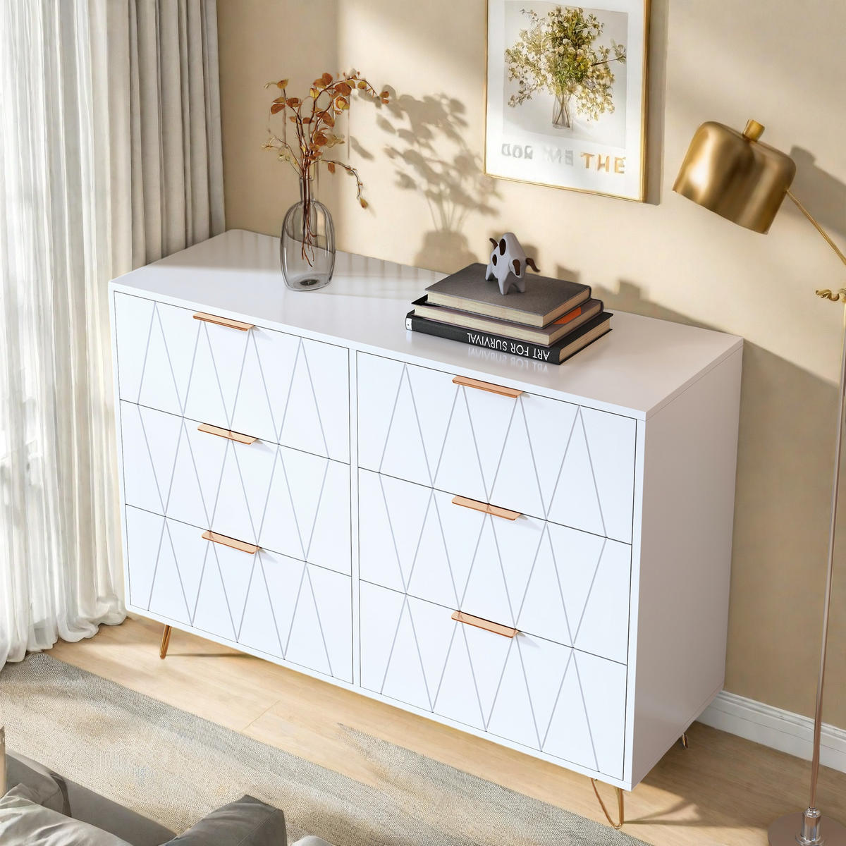 VIT byrå med 6 lådor och präglat diamantmönster - Vit, Träbaserade material (34/72.5/100cm) - SHOPENTRA