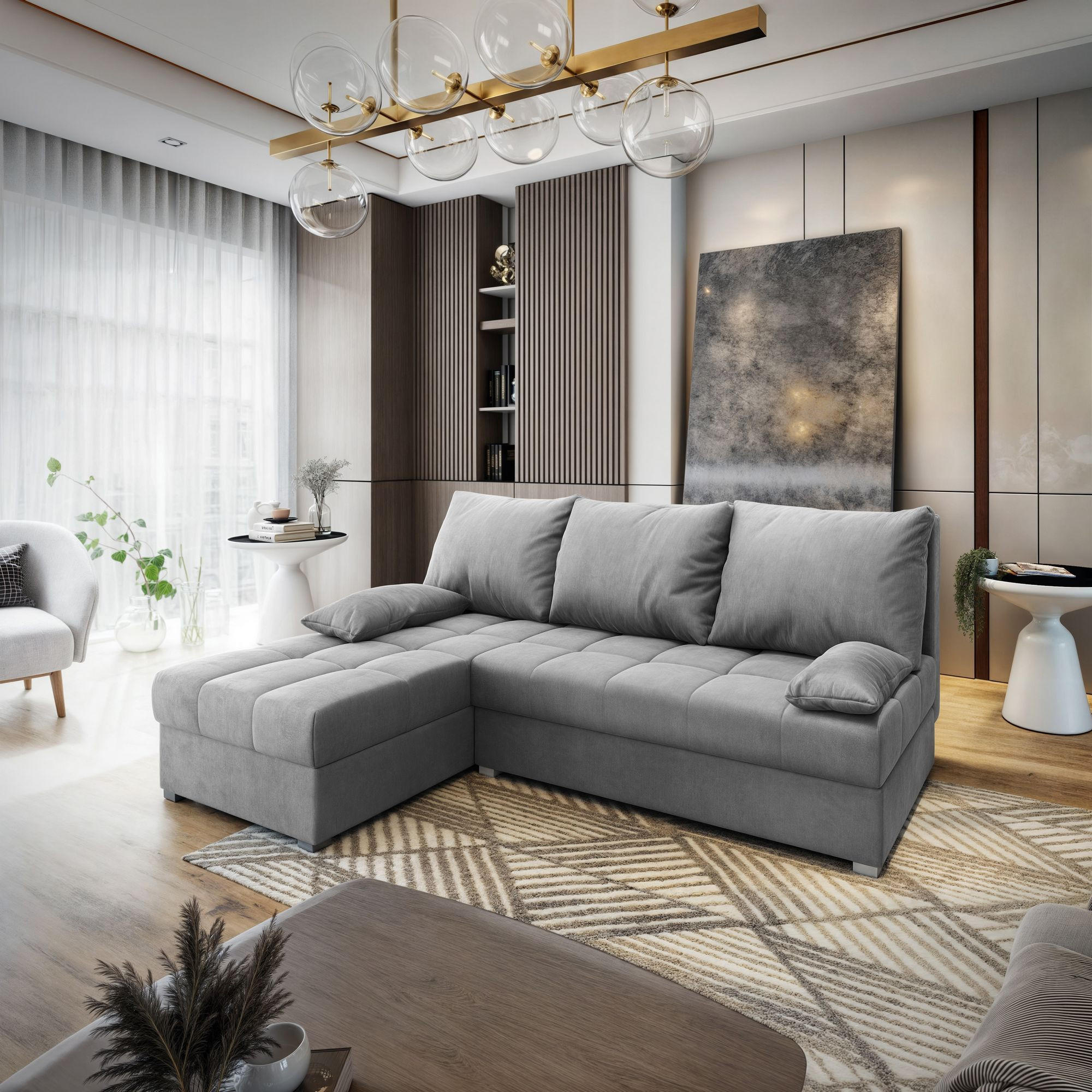 ECKSOFA RITA M Hellgrau Velours-Stoff mit Schlaffunktion - Hellgrau, Holz (200/141cm) - MASSENO