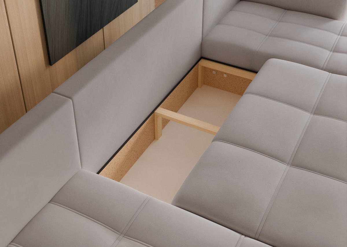 WOHNLANDSCHAFT U-Form Velours mit Bettkasten und Schlaffunktion - Hellgrau, Holzwerkstoff/Kunststoff (318/79/145cm) - Idohome
