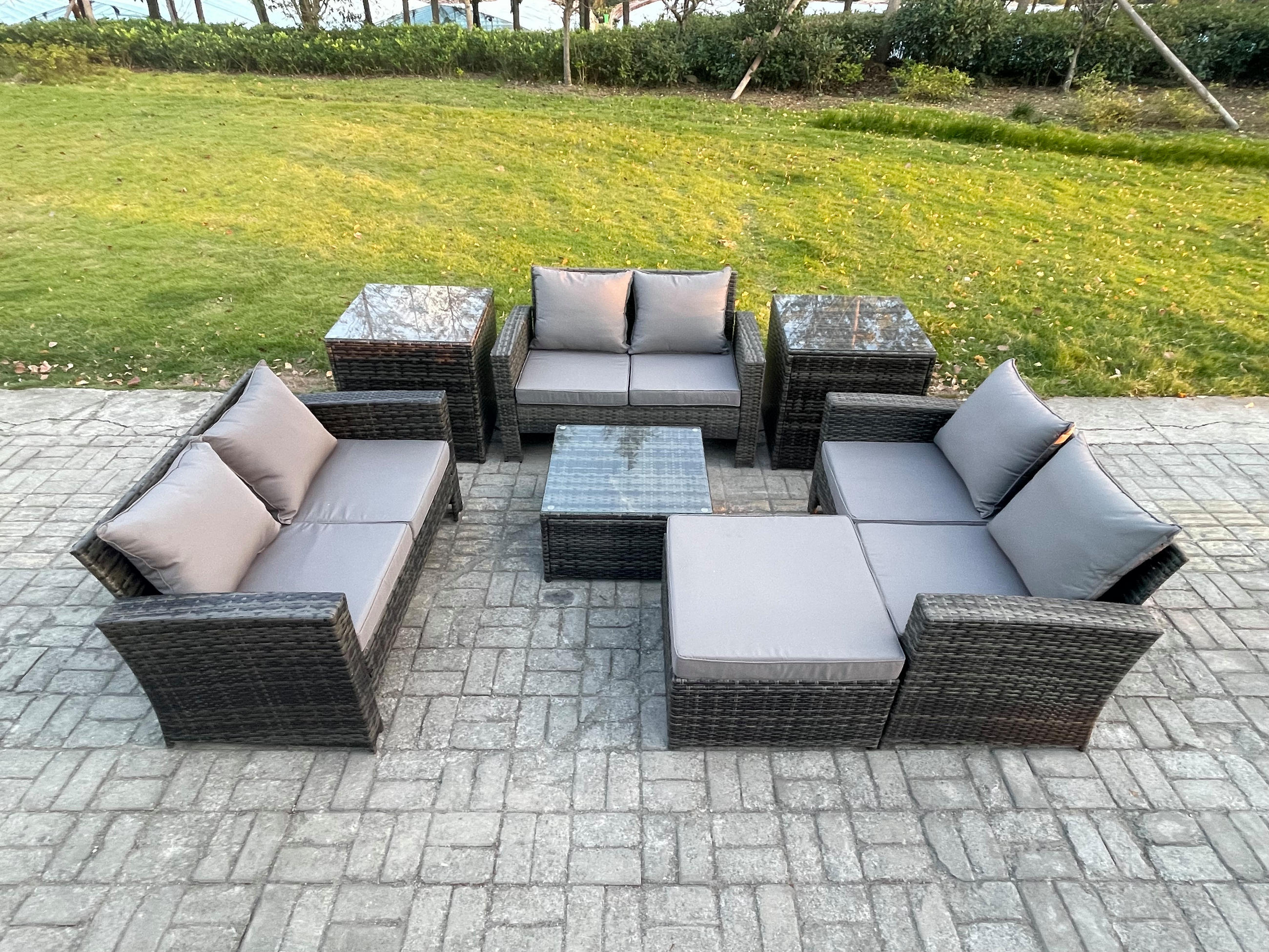 GARTENSOFA Hohe Rückenlehne Polyrattan Dunkelgrau 7-Sitzer - Dunkelgrau, Metall - Fimous