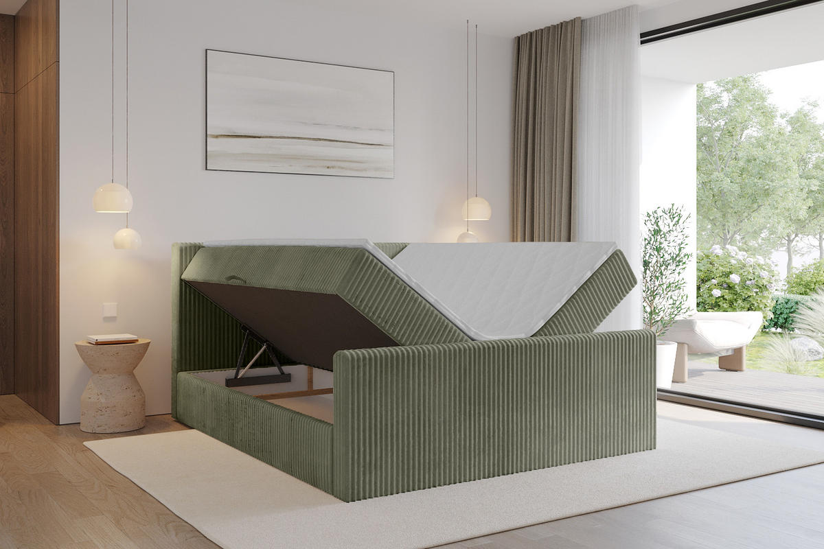 BOXBETT mit Matratze H3 und Lattenrost - TOLO-Z - 200x200 Cord - Olive - Olivgrün, Holzwerkstoff (200/200cm) - ALTDECOR